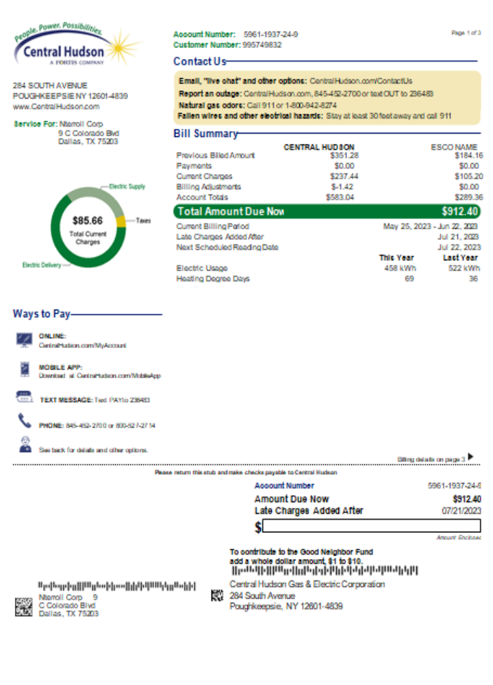 Central Hudson Energy Group utility business bill, page 1, SCR PSD template